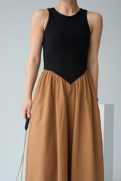 İki Renkli Elbise - Siyah-Taba - Resim 4