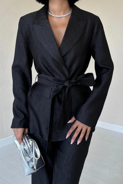 Siyah Beli Kuşaklı Ceket Ve Pantolon Parlak Takım - Resim 3