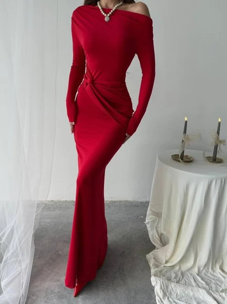 Kayık Yaka Uzun Kurdele Elbise - Resim 3