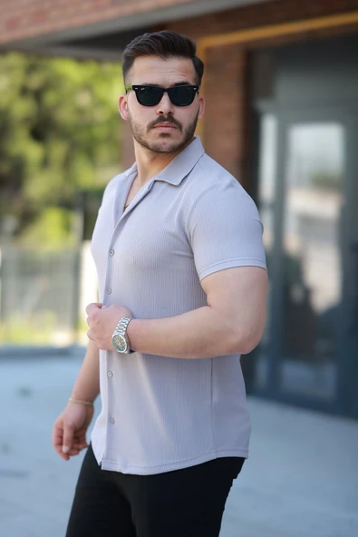 Erkek Ottoman Kumaş Apaj Yaka Kısa Kollu Gömlek - Resim 2