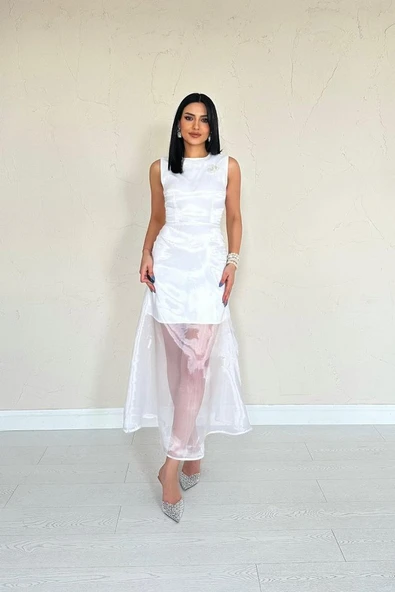 Beyaz Organze Detaylı Atlas Elbise - Resim 3