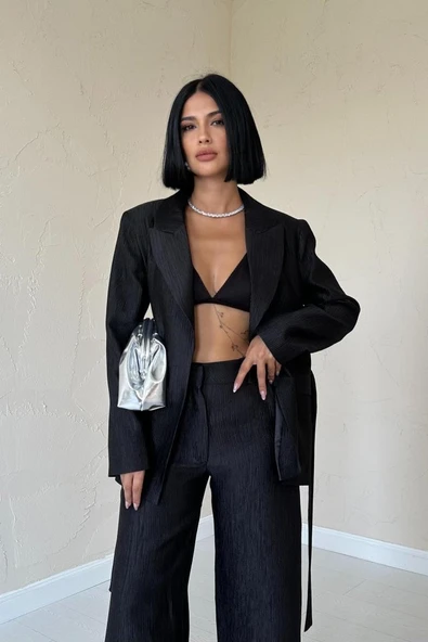 Siyah Beli Kuşaklı Ceket Ve Pantolon Parlak Takım - Resim 2
