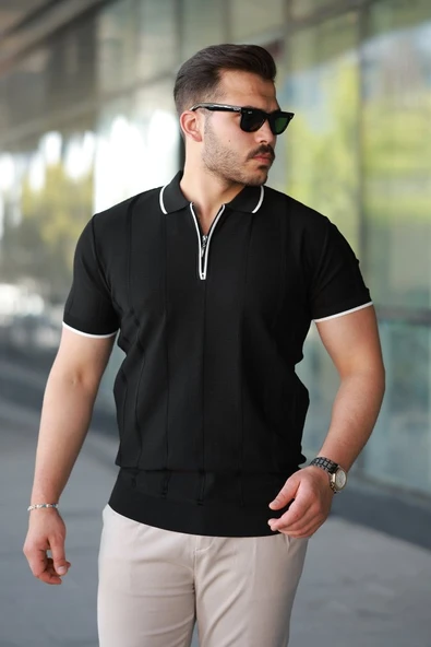 Erkek Dikey Kabartmalı Örgü Dokulu Fermuar Yakalı Tişört ürün görseli