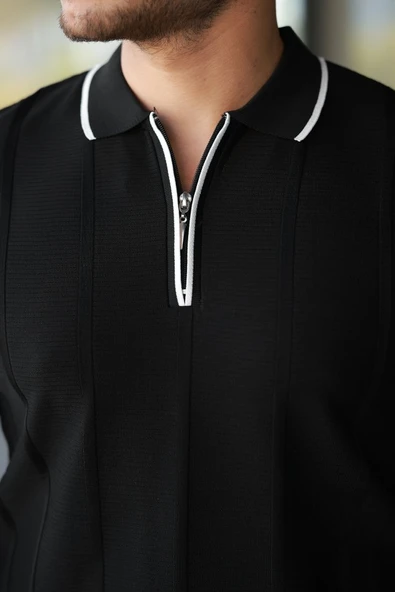 Erkek Dikey Kabartmalı Örgü Dokulu Fermuar Yakalı Tişört - Resim 3