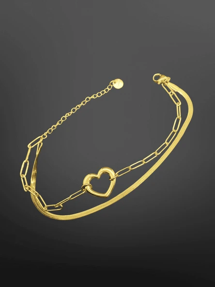 Gold Renk Kalp Model 316L Çelik Çift Zincir Detaylı Aşk Sembol Bileklik ürün görseli 1