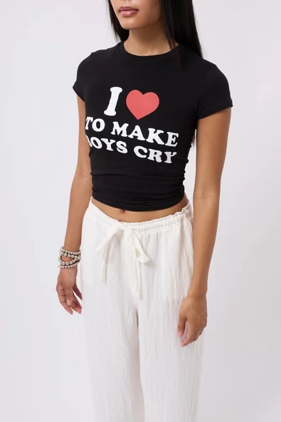 Nakış Detay Baskılı Crop T-Shirt - Resim 3