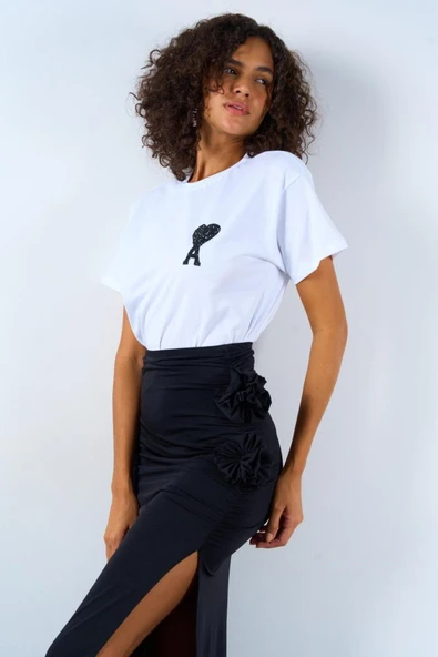 Yandan Büzgülü Güllü Etek - Siyah - Resim 4