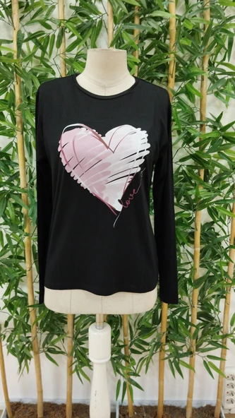 Kadın Uzun Kollu Bisiklet Yaka Kalp Desenli Viskon Bluz - Resim 5