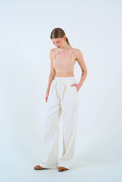 Beli Lastikli Palazo Pantolon - Taş - Resim 2