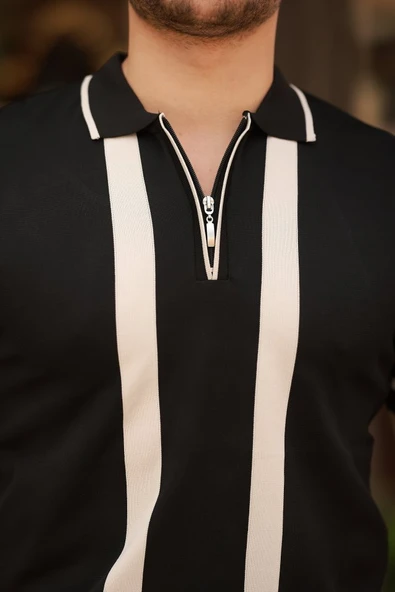 Erkek Fermuar Yakalı şerit Detaylı Kısa Kollu Tişört - Resim 3