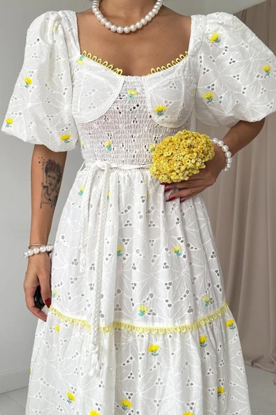 Sarı Dantel Detaylı Brode Elbise - Resim 3