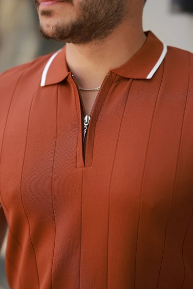 Erkek Fermuar Yakalı çizgi Dokulu Kısa Kollu Tişört - Resim 3