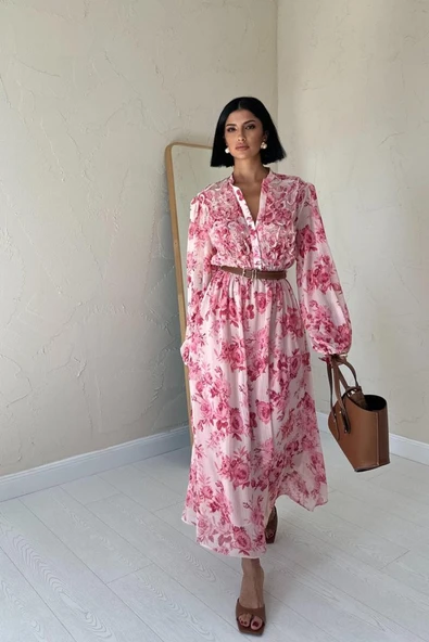 Pembe Biye Detaylı Elbise ürün görseli