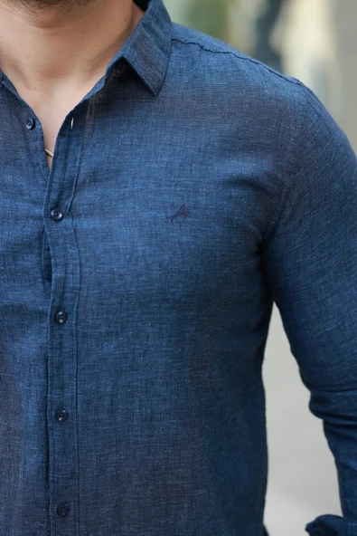 Erkek Pamuklu Keten Gömlek - Resim 3