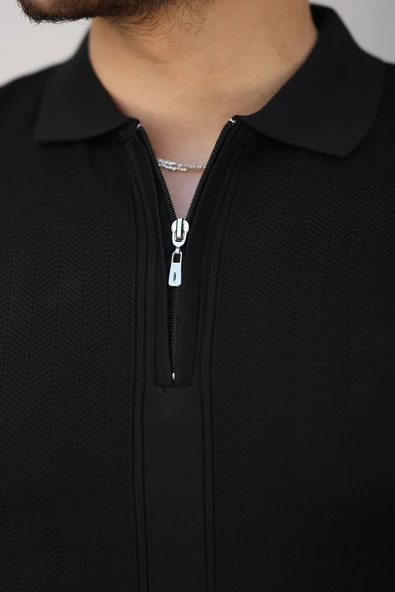 Erkek Yakası Fermuarlı Kısa Kollu T-shirt - Resim 3