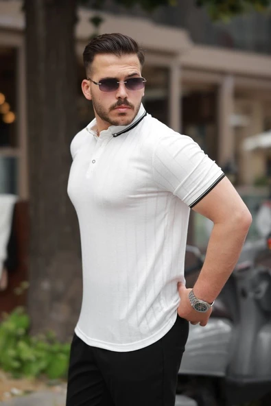 Erkek Düğme Yakalı Jakar Kumaş Kısa Kollu Tişört - Resim 2