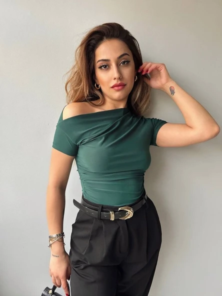 Kadın Sandy Kumaş Düşük Omuz Bluz - Resim 5