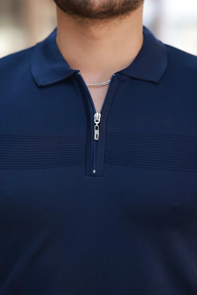 Erkek Göğüs Pirinç Desenli Fermuar Yakalı Kısa Kollu Tişört - Resim 3