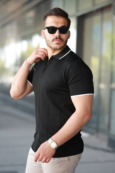 Erkek Fermuar Yakalı çizgi Dokulu Kısa Kollu Tişört - Resim 2