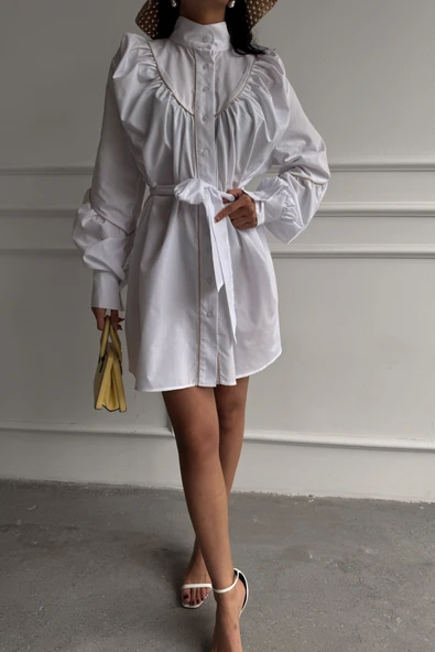 ÖNDEN DÜĞMELİ POPLİN KLOŞ ELBİSE BAĞLAMA KEMER DETAYLI - Beyaz - Resim 3