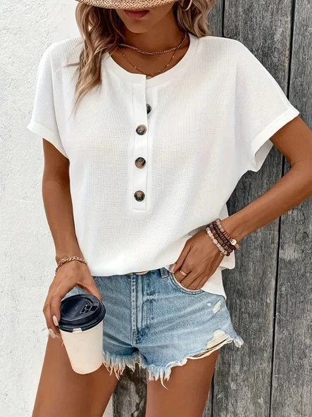 Kadın Kısa Kollu Yakası Açık önden Düğmeli Waffle Bluz - Resim 5