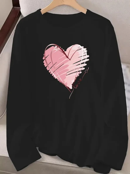 Kadın Uzun Kollu Bisiklet Yaka Kalp Desenli Viskon Bluz - Resim 3