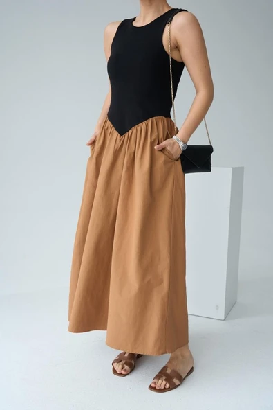 İki Renkli Elbise - Siyah-Taba - Resim 2