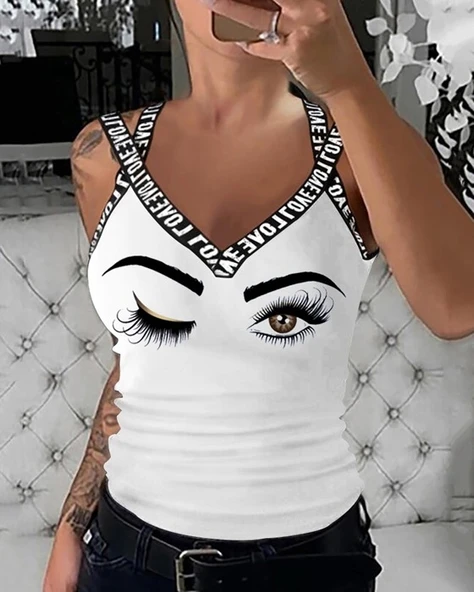 Kadın çapraz şeritli Göz Baskılı Viskon Bluz ürün görseli