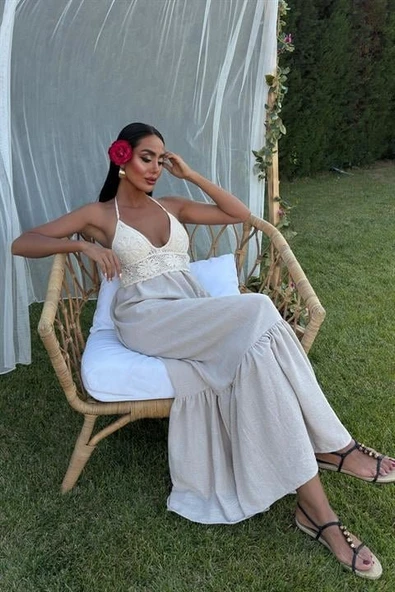 Göğsü Trikolu Keten Uzun Elbise 2904-08 - Resim 7