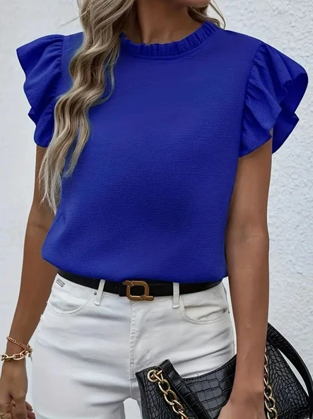 Kadın Kısa Kollu Fırfır Yakalı Bürümcük Bluz - Resim 4