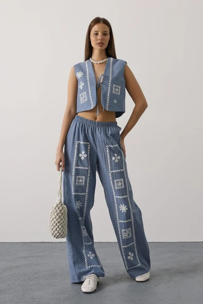 Baskılı Önü Bağlamalı Yelekli Takım - İndigo ürün görseli