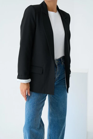 Astarı Çizgili Ceket - Siyah - Resim 5