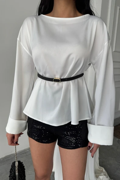 KEMER DETAYLI SATEN BLUZ - Beyaz - Resim 4