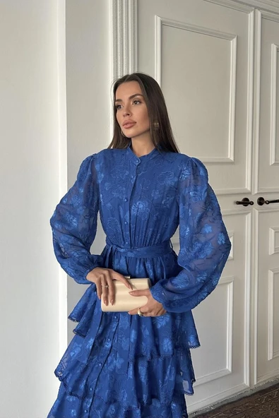 Saks Valonlu Şeritli Kat Kat Elbise - Resim 3