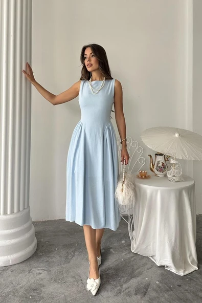 Mavi Yanları Büzgülü Midi Boy Keten Elbise - Resim 3