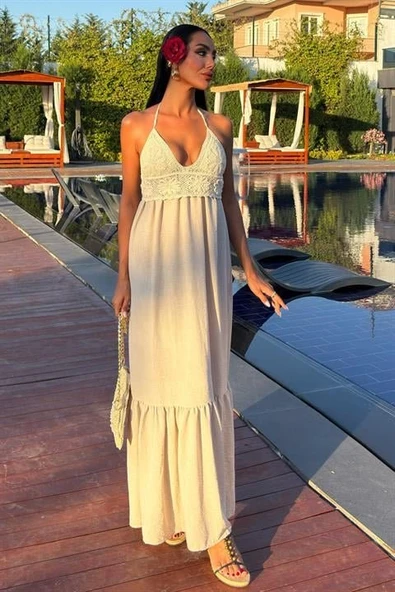 Göğsü Trikolu Keten Uzun Elbise 2904-08 - Resim 2