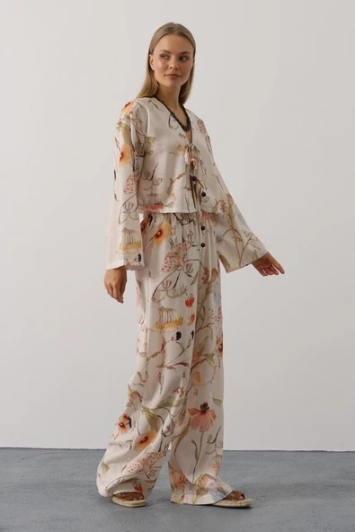 Çiçek Desen Önü Bağlamalı Pantolon Takım - Taş - Resim 3