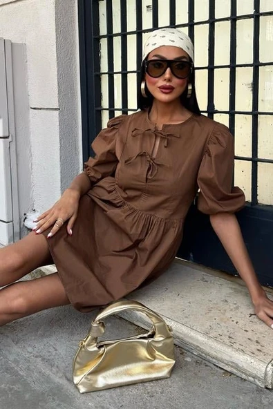 Önü Fiyonk Bağlamalı Ve Balon Kollu Elbise 2893 - Resim 8