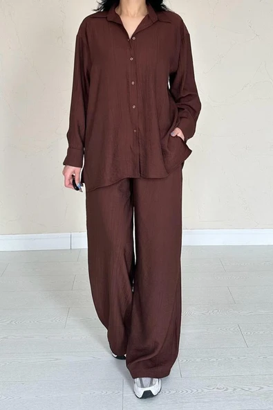 Kahverengi Alice Gömlek Ve Bol Kesim Pantolon Takım - 3