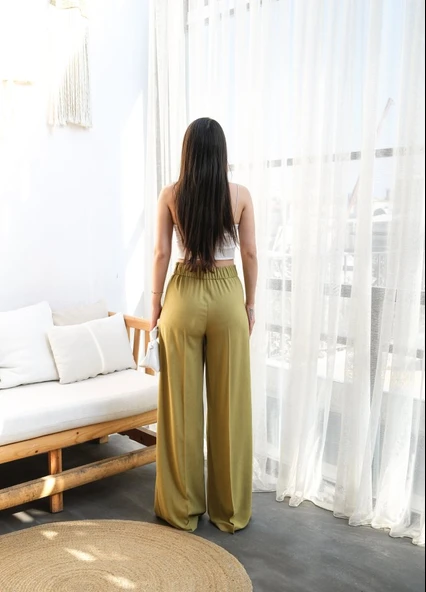 Keten Önü Çapraz Parçali Lasti̇kli̇ Ve Bağcikli Geni̇ş Paça Pantolon - Resim 2
