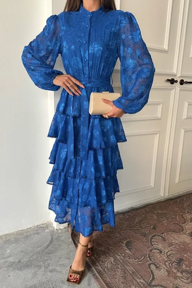 Saks Valonlu Şeritli Kat Kat Elbise - Resim 4