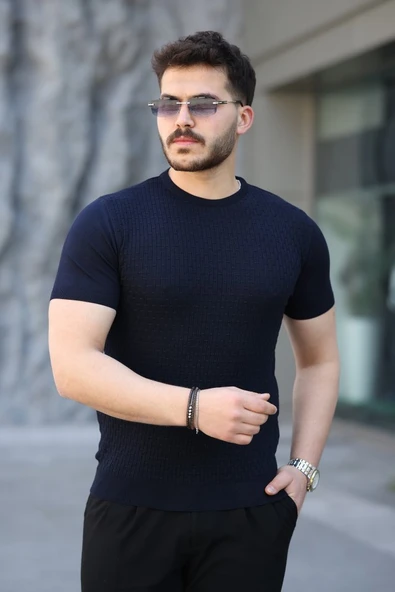 Erkek Viskon Kumaş Bisiklet Yaka Desenli Tişört - Resim 3