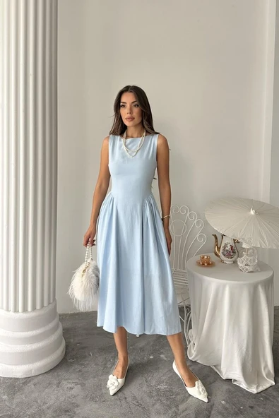 Mavi Yanları Büzgülü Midi Boy Keten Elbise - Resim 2