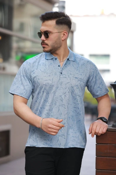 Erkek Yakalı Jakar Baskılı Kısa Kollu T-shirt - Resim 4