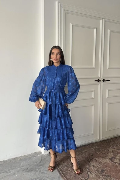 Saks Valonlu Şeritli Kat Kat Elbise ürün görseli