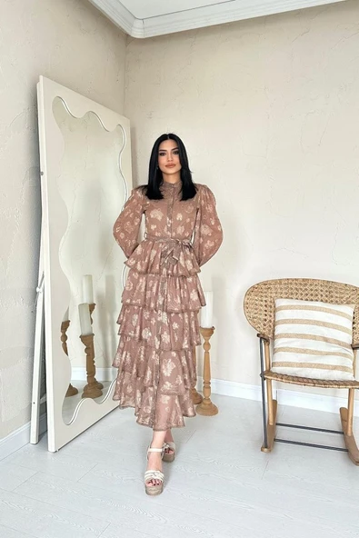 Vizon Valonlu Şeritli Kat Kat Elbise ürün görseli