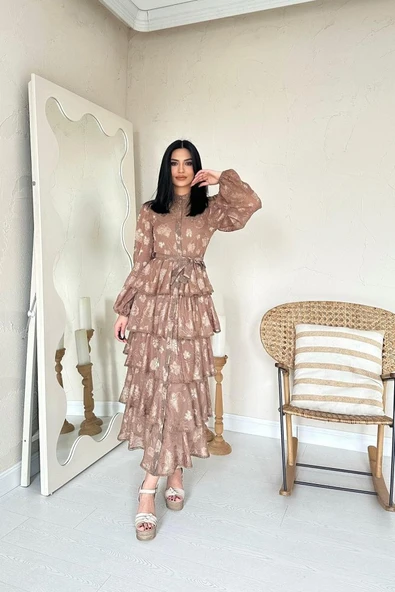 Vizon Valonlu Şeritli Kat Kat Elbise - Resim 3