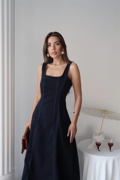 Lacivert Çift Dikişli Gabardin Elbise - Resim 4