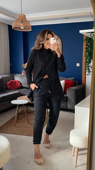 Kadın Uzun Kollu Balıkçı Yaka önden Düğmeli Bluz Ve Pantolon Yumoş Ikili Takım ürün görseli