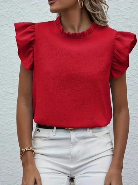 Kadın Kısa Kollu Fırfır Yakalı Bürümcük Bluz - Resim 2